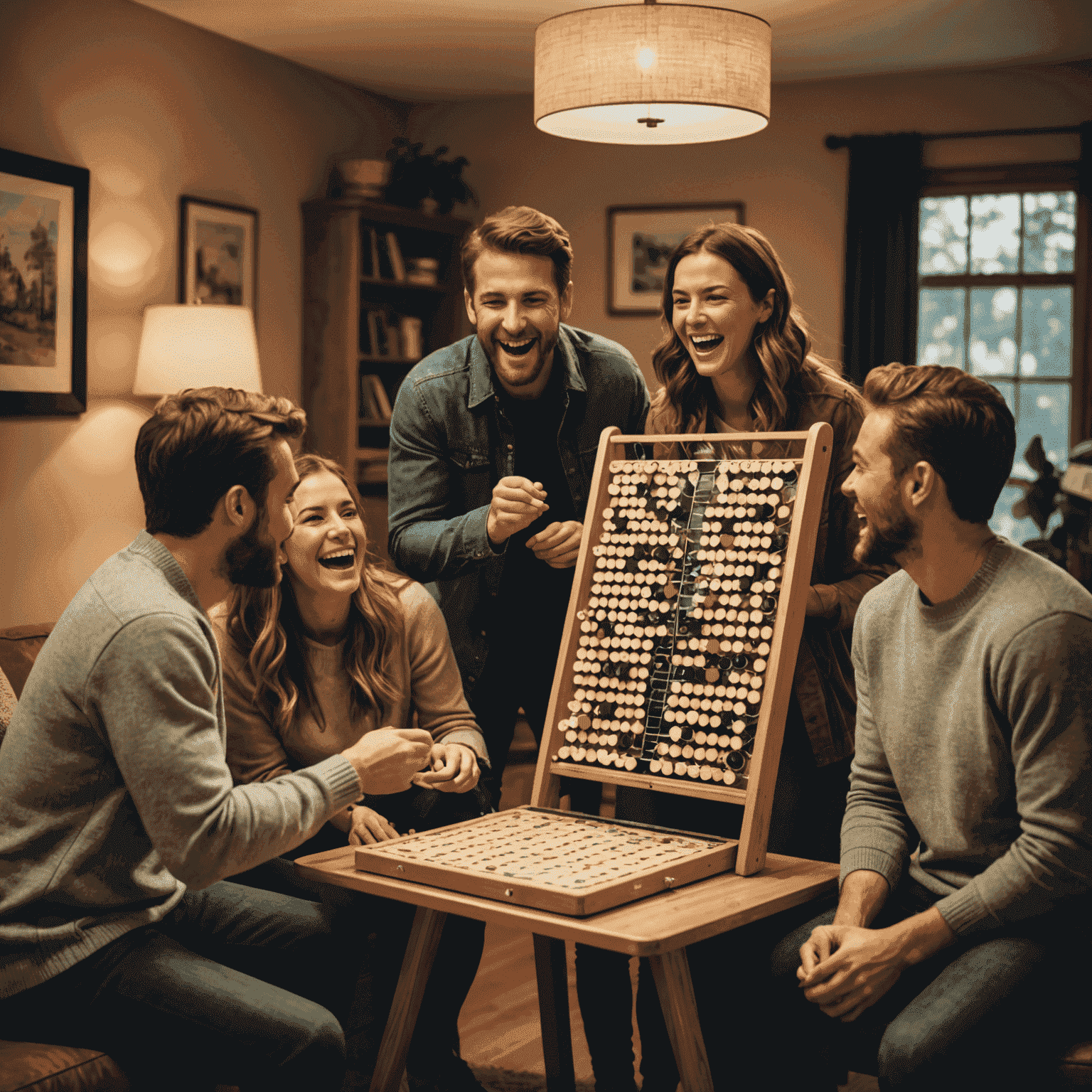 Grupo de amigos jugando Plinko en una sala de estar acogedora, riendo y disfrutando del juego