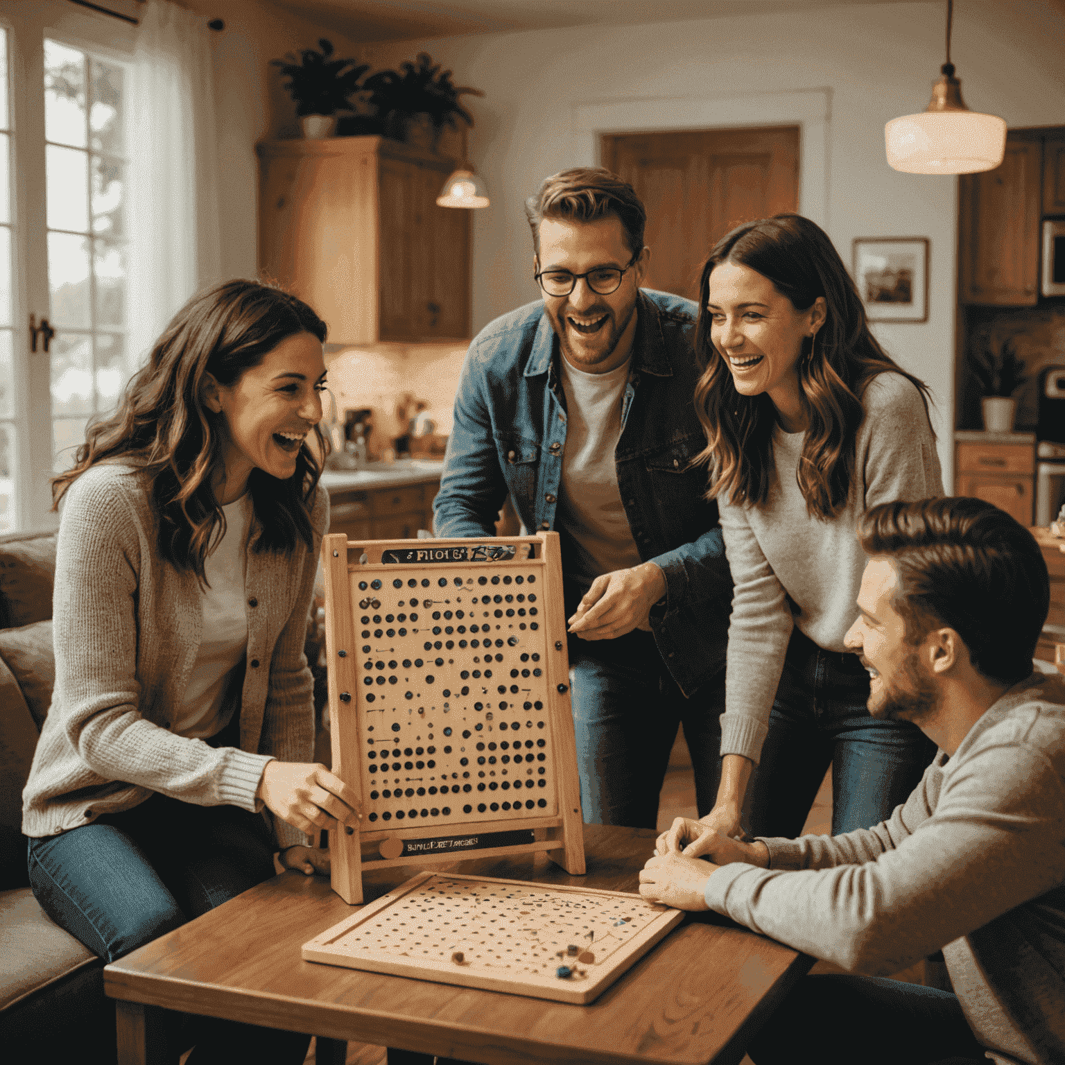 Grupo de amigos jugando Plinko en una sala de estar acogedora. El tablero de Plinko está en el centro de la mesa, rodeado de risas y emoción.