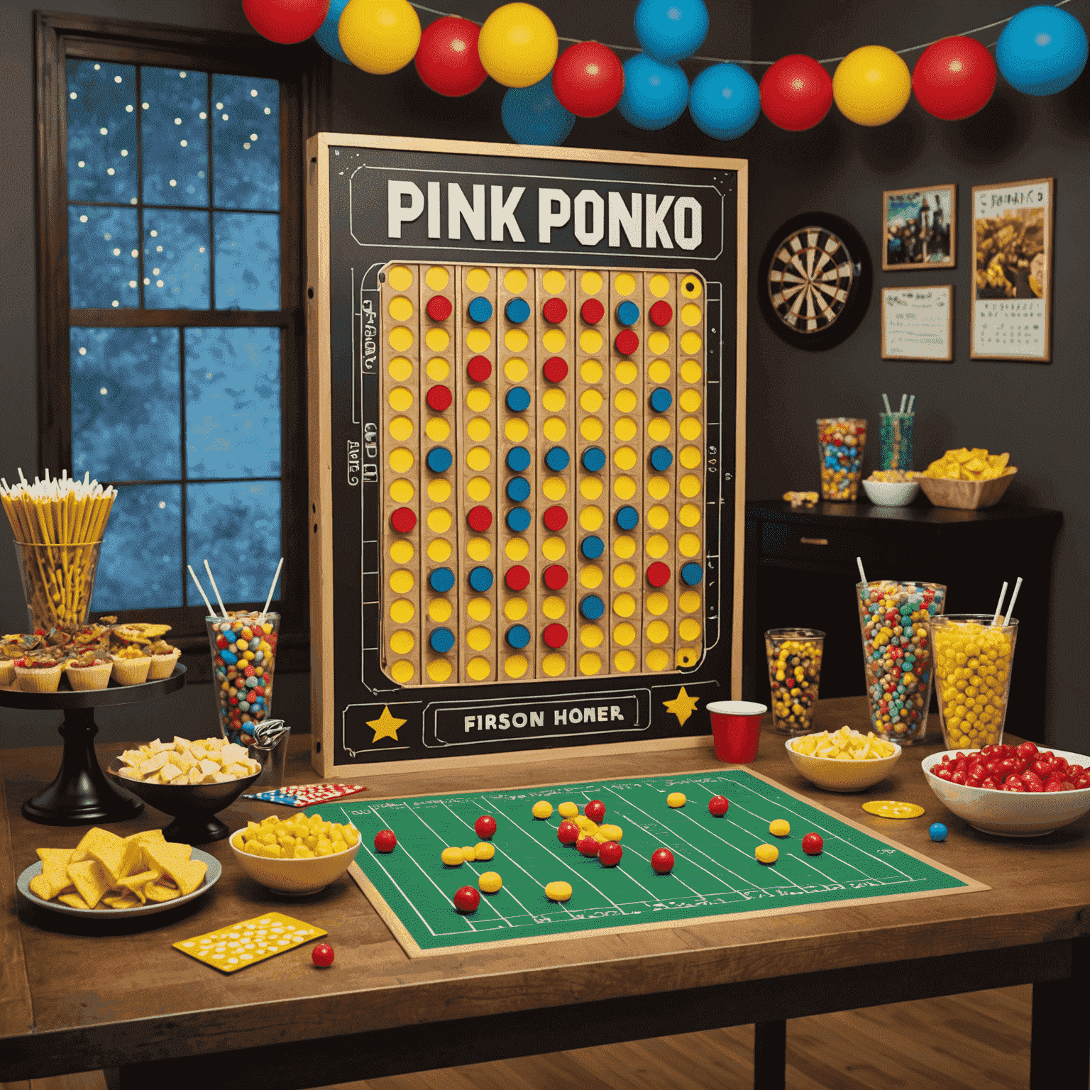 Mesa de juego Plinko decorada para una fiesta con amigos, snacks temáticos y decoraciones festivas