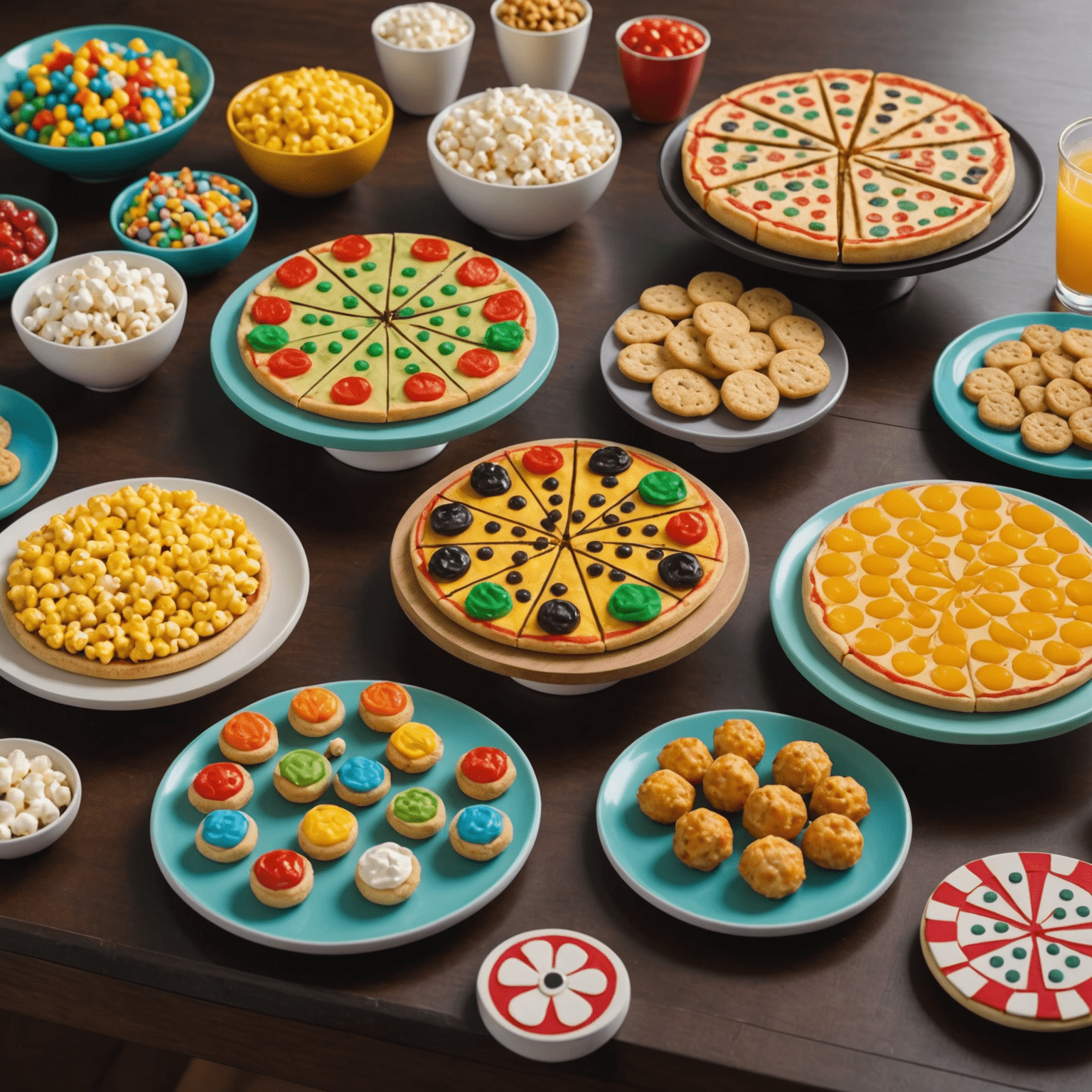 Variedad de aperitivos temáticos de Plinko, incluyendo mini pizzas redondas, galletas decoradas y palomitas de colores