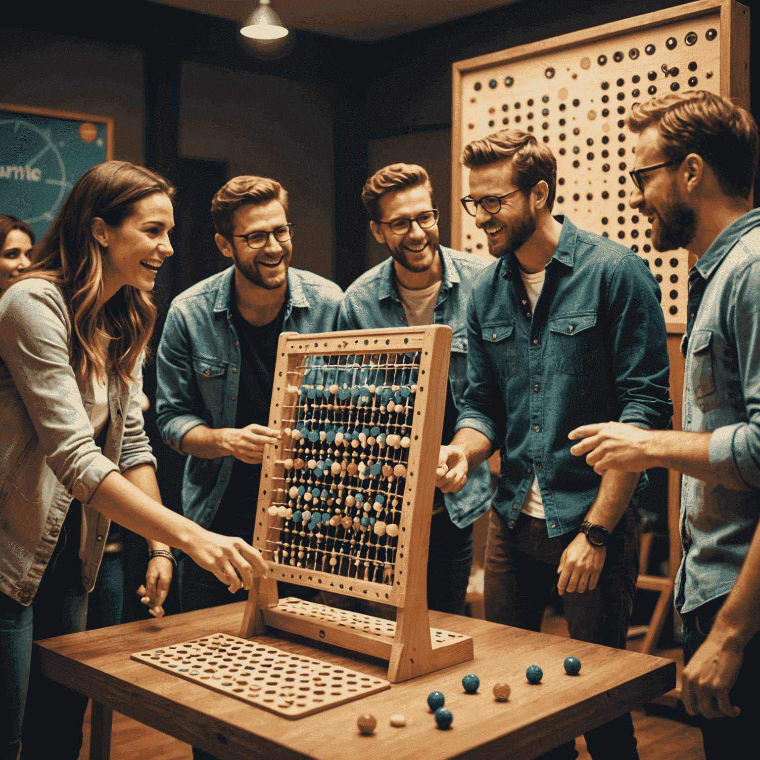 Grupo de amigos jugando Plinko en una reunión, disfrutando y analizando estrategias juntos