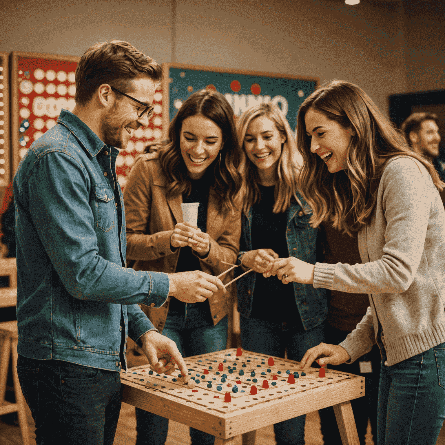 Grupo de amigos disfrutando de una animada partida de Plinko en un ambiente festivo con decoraciones temáticas